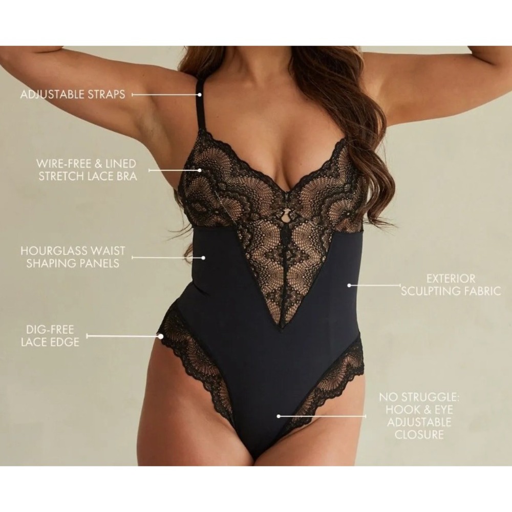 Pinsy Sculpting Lace Shapesuit Size Large Long Black Heavy Shaping Bodysuit NWT